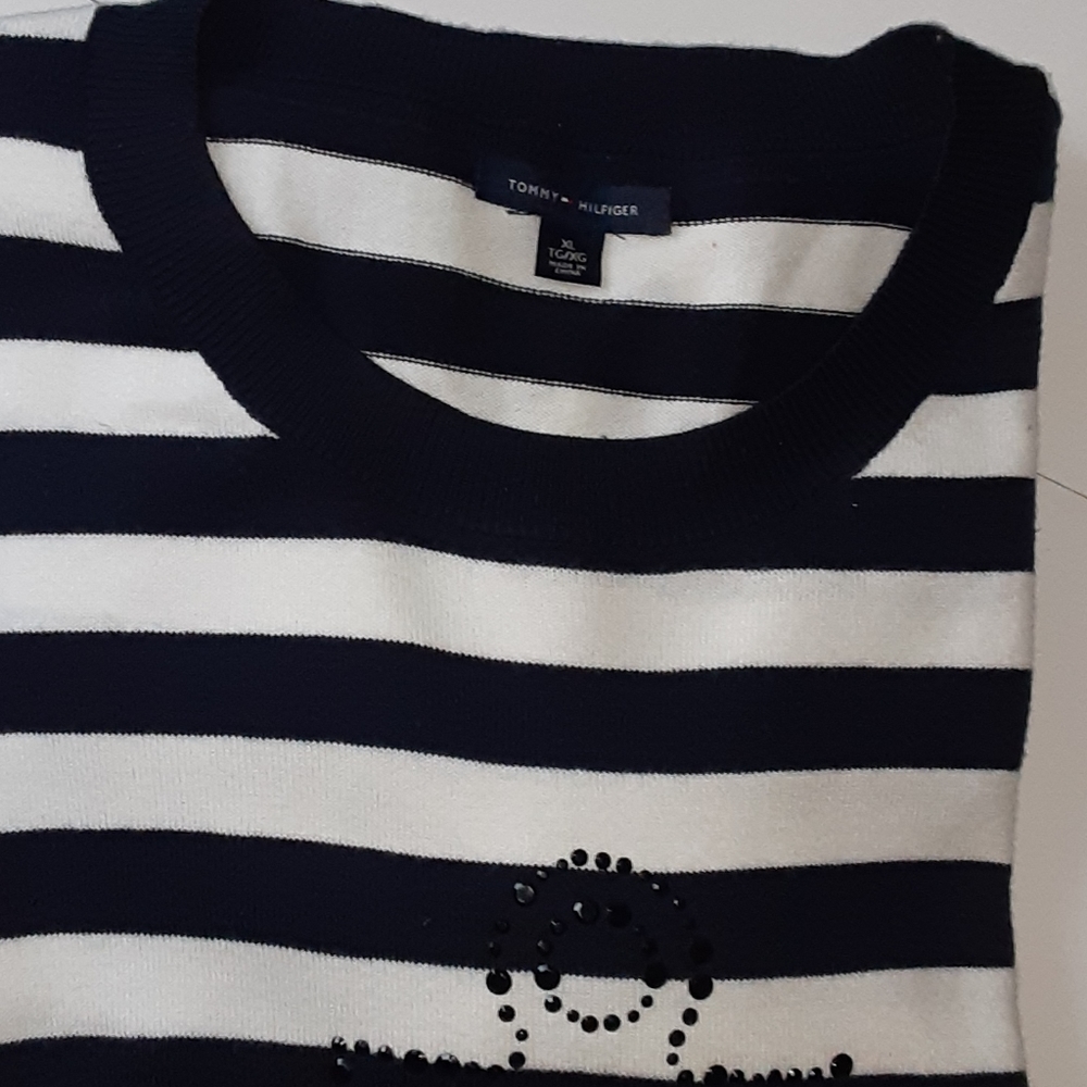 SWEATER Tommy Hilfiger Nautical Navy White Strip Studded Anchor Detail - Picture 5 of 5